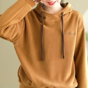 500克双面奥粒绒文艺卫衣女宽松连帽抽绳保暖撞色绒衫 上衣
