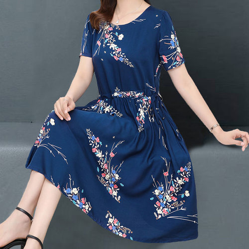 中老年女装春夏装宽松连衣裙阔太太中长款碎花妈妈装短袖大码胖mm