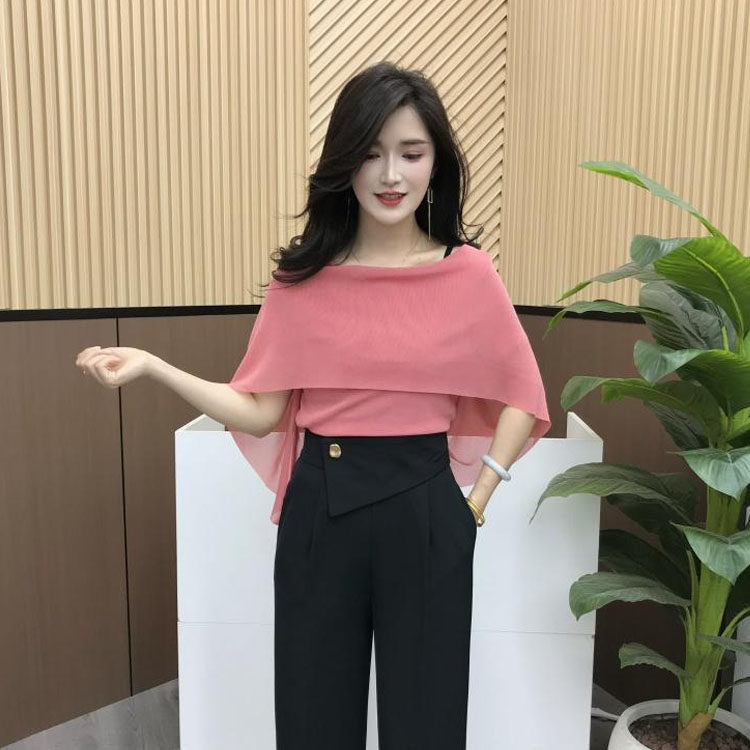 夏季时尚气质一字肩斗篷T恤女短袖双面可穿百搭外穿打底衫上衣服