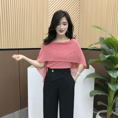 夏季时尚气质一字肩斗篷T恤女短袖双面可穿百搭外穿打底衫上衣服