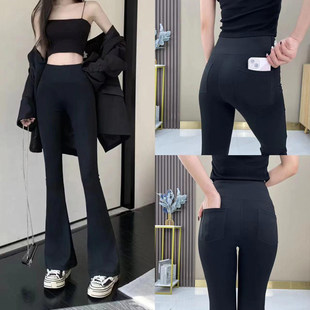 2025女士秋冬加绒加厚微喇鲨鱼裤高腰弹力后口袋休闲外穿瑜伽裤子