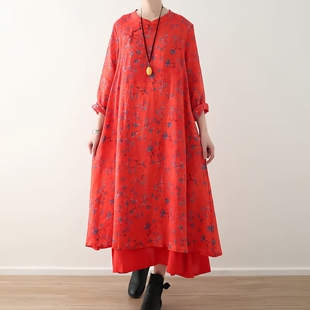 桉慕图自制春季苎麻新中式印花红色碎花连衣裙女长袖文艺复古长裙