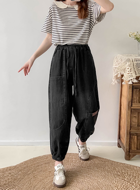 高腰牛仔裤女25春季新款宽松大码女士文艺复古深蓝色全棉女阔腿裤