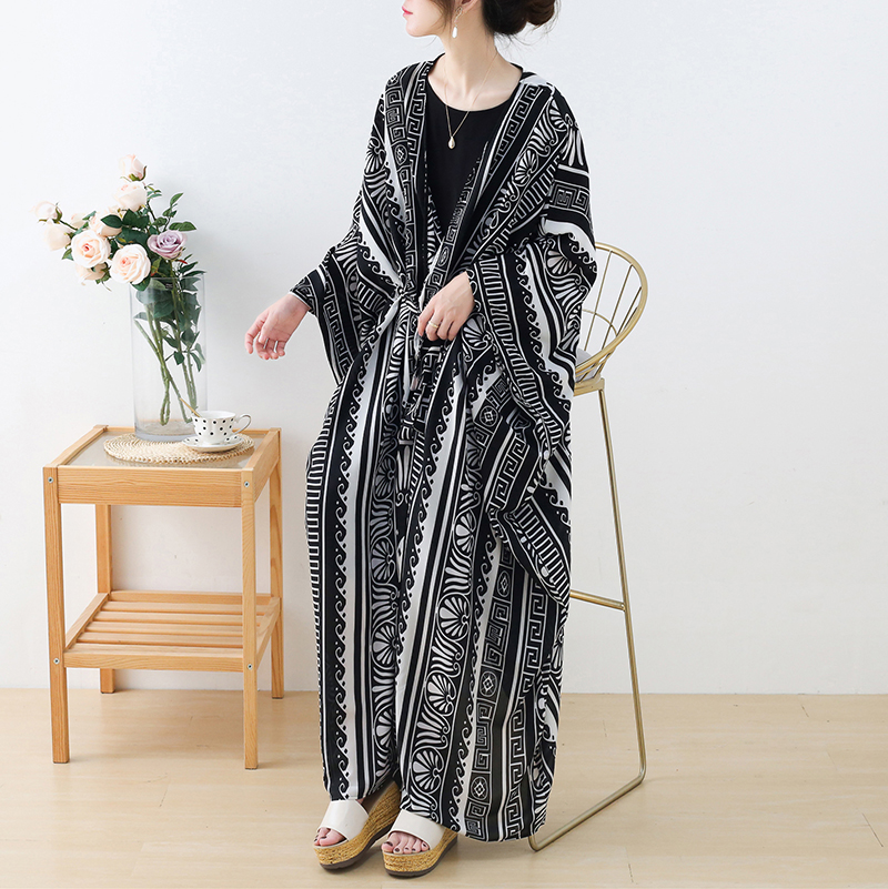 25春夏季新款防晒印花薄款黑白文艺复古雪纺沙滩旅行度假风衣外套