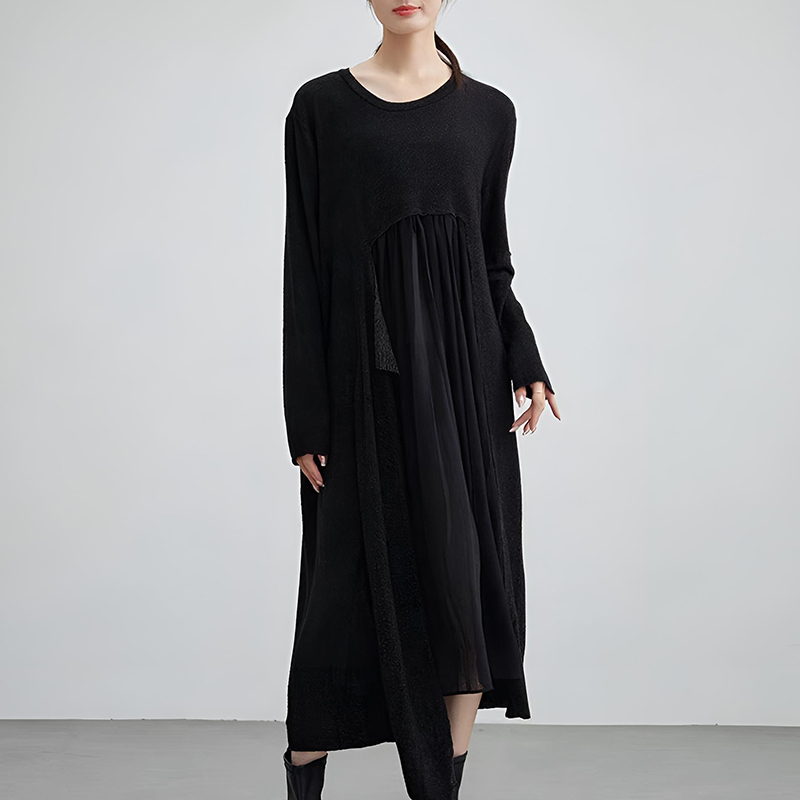 秋冬季原创设计女装宽松大码长袖文艺复古中长款棉拼接打底针织裙
