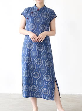 棉麻印花中式复古印花连衣裙