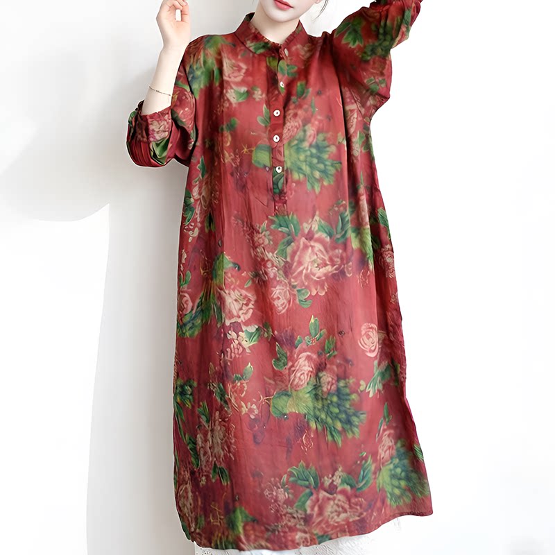 春夏季原创设计宽松大码长袖高支苎麻印花文艺中长款衬衫连衣裙