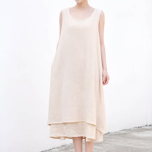 cotton dress文艺竹节棉无袖连衣裙女夏季中长款背心裙显瘦松弛感