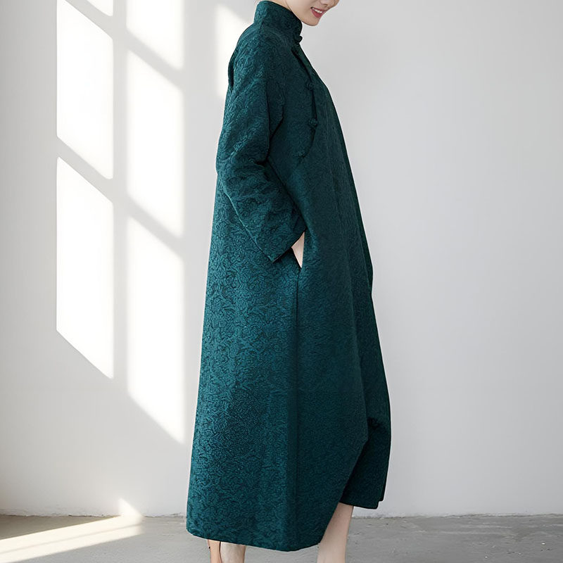 文艺复古旗袍连衣裙春秋季长袖棉麻提花女宽松大码中式复古长裙子