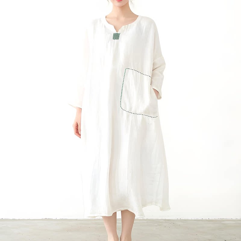 春季亚麻刺绣文艺风白色棉麻连衣裙女长袖宽松大码中长裙素衣女装