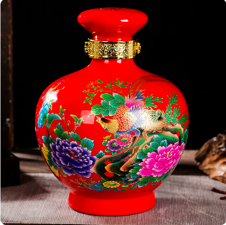 景德镇彩色酒瓶5斤装带锁扣密封牡丹红龙磨菇形加厚酒坛空酒具