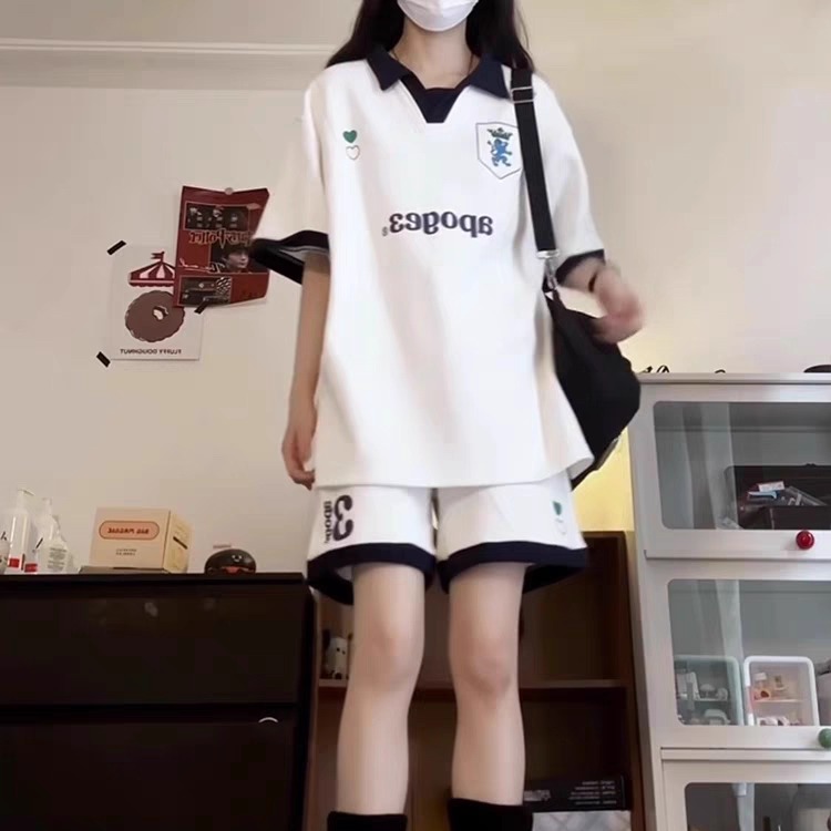 美式拼接撞色POLO休闲运动套装女