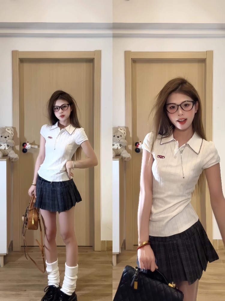 美式复古学院风辣妹白色POLO领正肩短袖t恤女夏季格子短裙套装