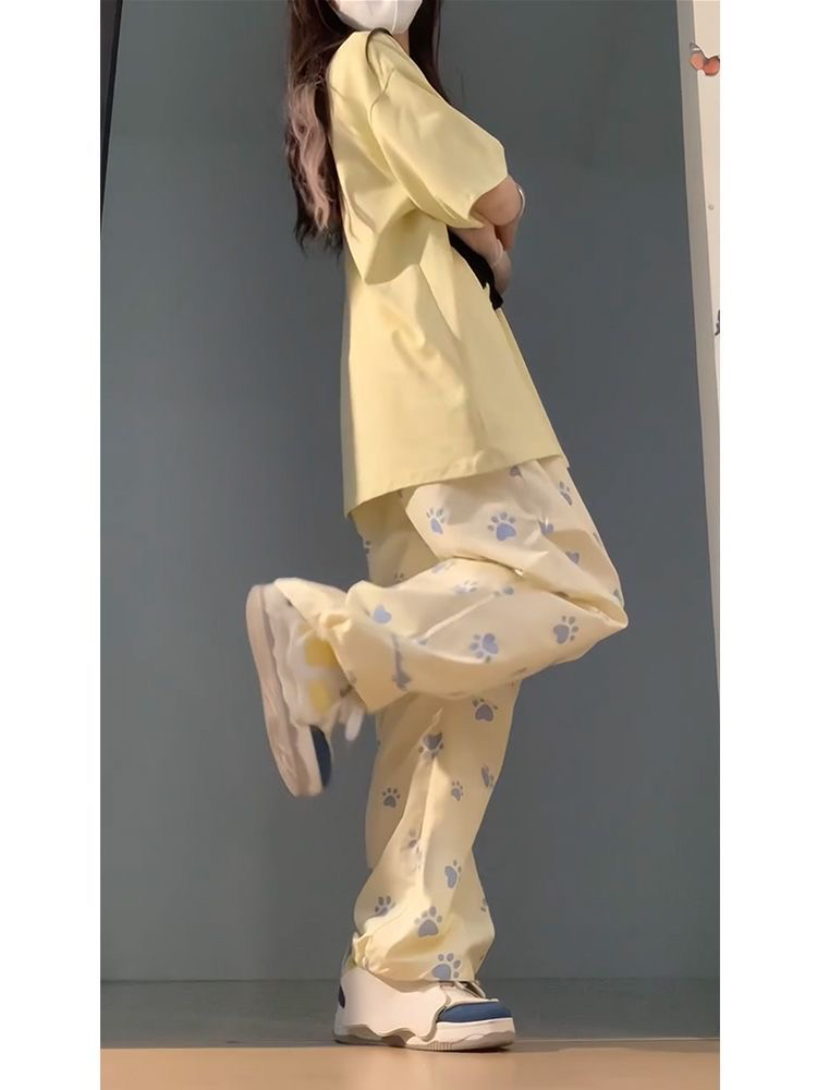 多巴胺运动服套装女夏季猫咪爪印辣妹牛仔裤小个子直筒裤两件套