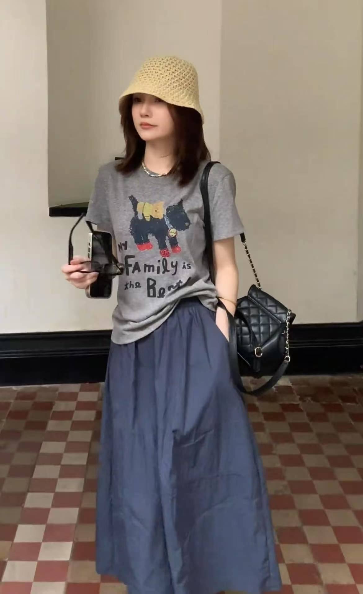 韩系简约百搭棉麻印花正肩短袖t恤女夏季宽松显瘦松紧半裙套装