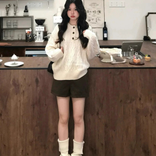 韩系亨利领麻花白色毛衣女秋冬可外穿内搭慵懒套头加厚针织衫上衣