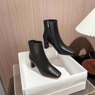 一代佳人短靴女秋冬新款尖头细跟高跟鞋侧拉链百搭时装瘦瘦马丁靴