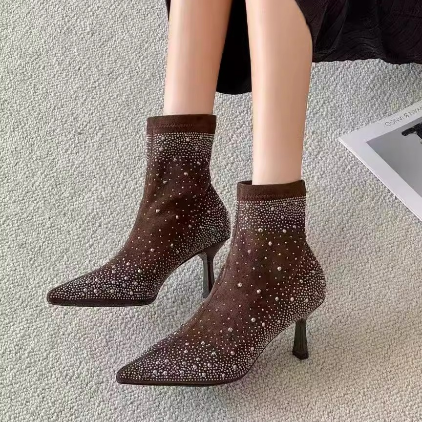 一代佳人26G3539满钻尖头细跟短靴女水钻瘦瘦靴时尚高跟靴子6公分