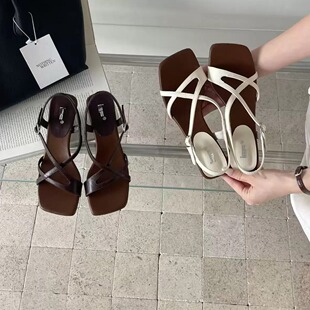820-31方头粗跟高跟凉鞋女夏季罗马绑带交叉凉鞋百搭高级感 4公分