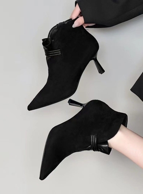 一代佳人3552法式复古尖头细跟短靴女黑色瘦瘦靴气质百搭舒适裸靴