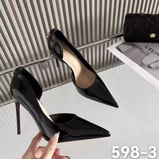夏雪儿598-3漆皮侧空超高跟尖头细跟浅口红底性感10cm单鞋 33码