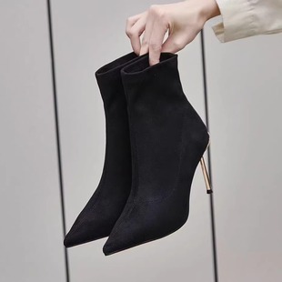 钎金鸟6616-17黑色金属跟弹力短靴女冬季气质高跟瘦瘦靴金跟9公分