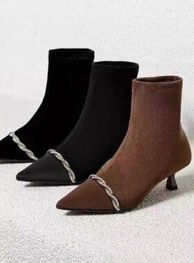 一代佳人26K3620尖头绒面水钻弹力靴时尚百搭舒适时装靴4公分