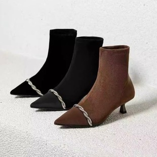 一代佳人26K3620尖头绒面水钻弹力靴时尚 靴4公分 百搭舒适时装