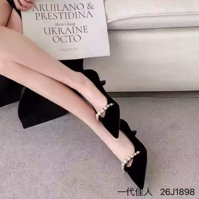 一代佳人26J1898秋季新款时尚法式珍珠浅口百搭尖头低跟单鞋女鞋
