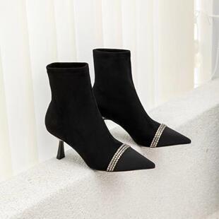 一代佳人26V675-5绒面水钻拼接瘦瘦弹力靴酒杯跟法式短靴7公分