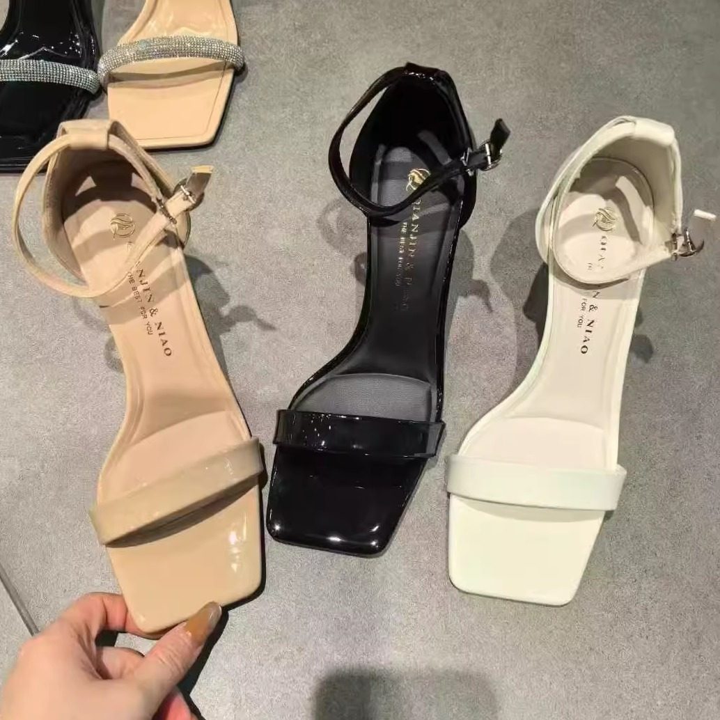 钎金鸟5567-11时尚漆皮方头细跟凉鞋女夏季新款露趾一字带 8公分,女鞋,一字带凉鞋,淘宝优惠券,粉丝福利购,淘宝优惠卷