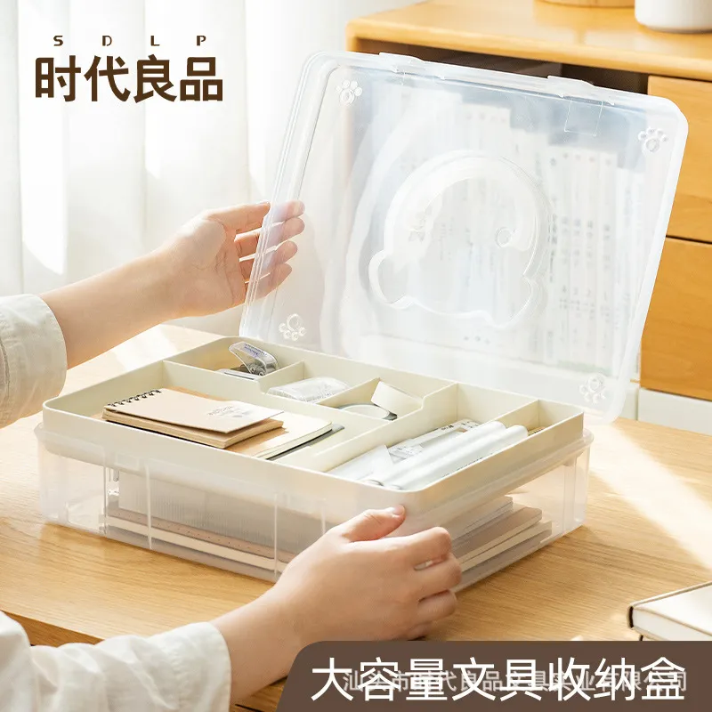 时代良品日式小熊文具收纳盒桌面杂物分格双层透明塑料收纳大