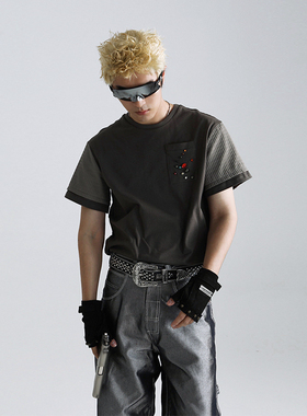 JohariWindow 拼接袖宝石装饰口袋T恤