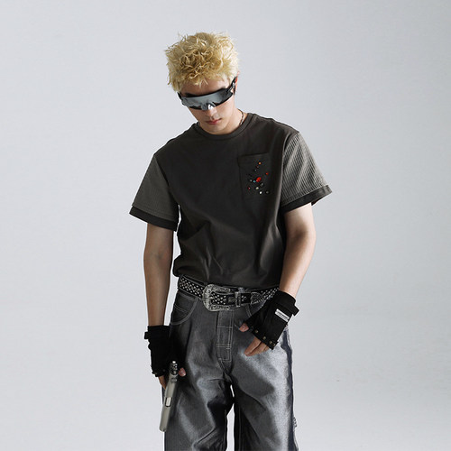 JohariWindow 拼接袖宝石装饰口袋T恤