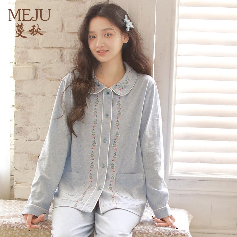 蔓秋MEJU女生长袖睡衣纯棉针织棉开衫翻领套装宽松家居服紫黄粉蓝