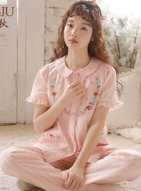 女学生短袖长裤家居服棉纱睡衣薄