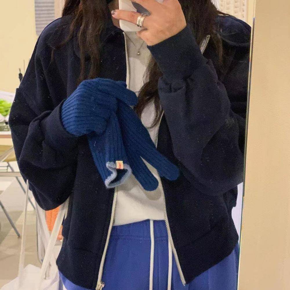 韩代购同款手套保 冬长bi备时髦拼s001色筒国成人手套纯色针织暖