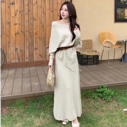 韩版针织衫套装女纯欲风露肩针织上衣高腰显瘦半身裙两件套配腰带