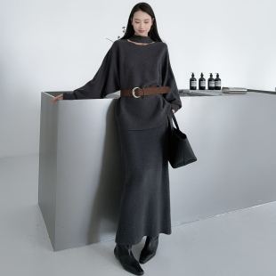 针织衫两件套装女秋冬设计感百搭显瘦毛衣＋高腰半身裙套装配腰带