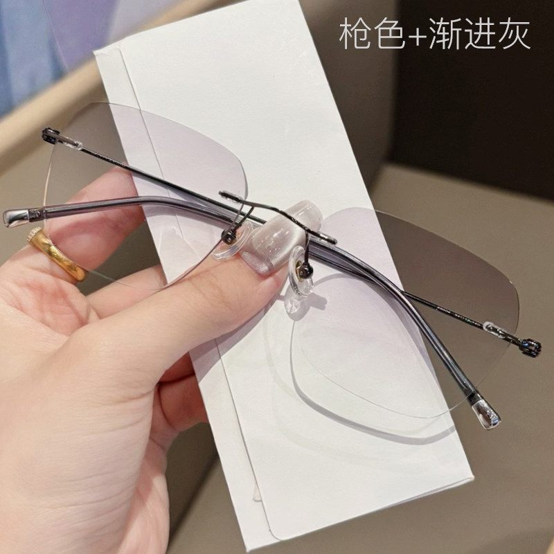 超轻纯钛细腿男女款防蓝光复古近视平光变色无边大镜片框防雾眼镜