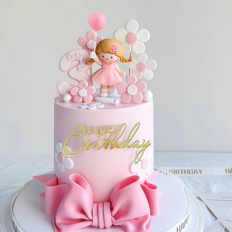 创意拿气球的女孩软胶玩偶摆件可爱气球小女孩儿童生日蛋糕装饰