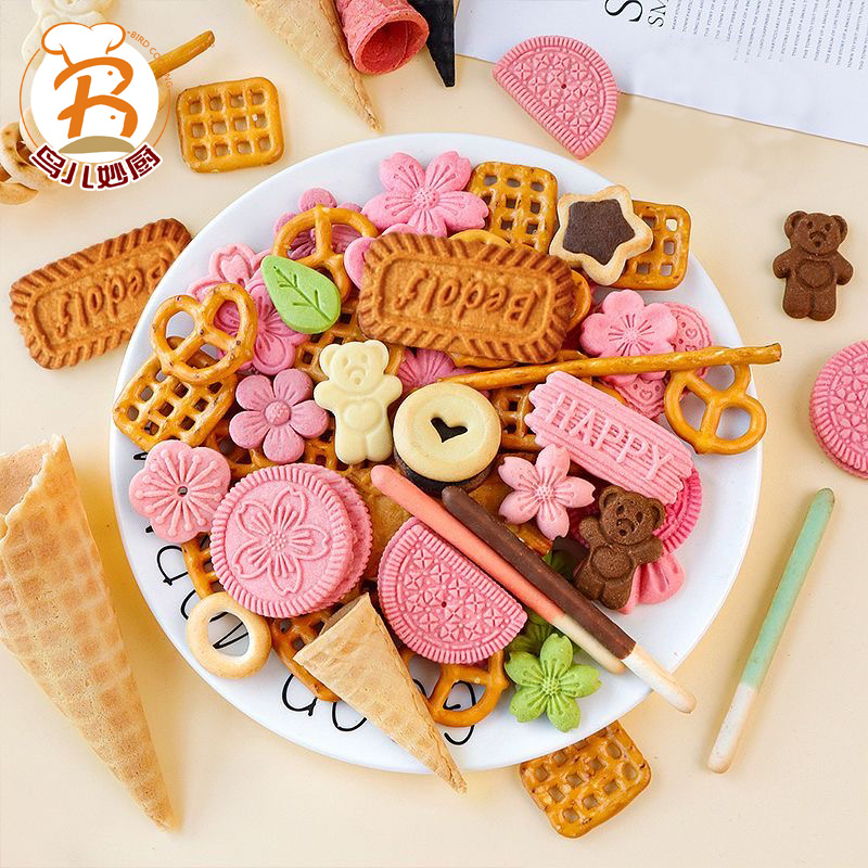 焙多夫蛋糕装饰小饼干爱心夹心粉色樱花甜品点缀食用摆件脆皮蛋筒