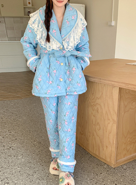 pink grape睡衣女冬季三层夹棉加厚保暖珊瑚绒法兰绒可外穿家居服