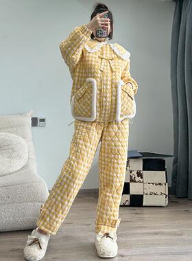 pink grape睡衣女士冬季三层夹棉加绒加厚保暖珊瑚绒可外穿家居服