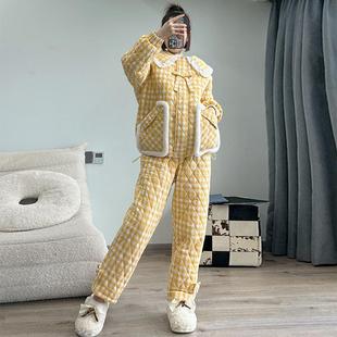 pink grape睡衣女士冬季三层夹棉加绒加厚保暖珊瑚绒可外穿家居服