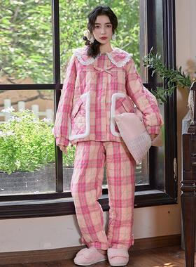 pink grape睡衣女士冬季三层夹棉加绒加厚珊瑚绒甜美可外穿家居服