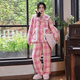 pink grape睡衣女士冬季三层夹棉加绒加厚珊瑚绒甜美可外穿家居服