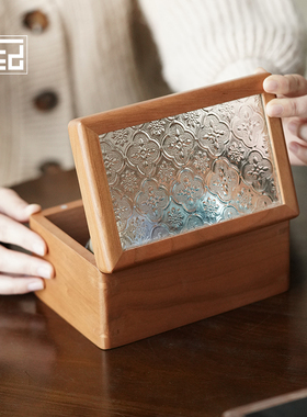 海棠花玻璃樱桃木桌面收纳盒复古木质茶杯茶包整理盒金条礼品木盒