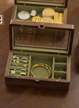 手饰首饰收纳盒胡桃木防氧化耳钉戒指项链手串饰品盒透明玻璃防尘