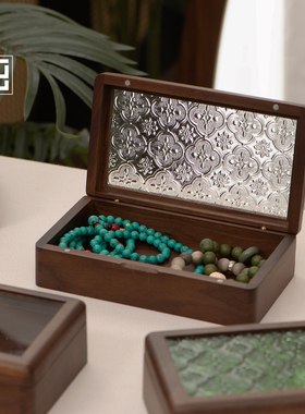 手串收纳盒实木文玩大容量绿松石手串沉香专用海棠花玻璃盖小盒子